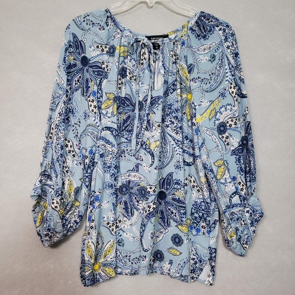 Karen Kane Womens XL Peasant Top‎ Blue Paisley Floral Tie Neck Boho 3/4 Sleeve